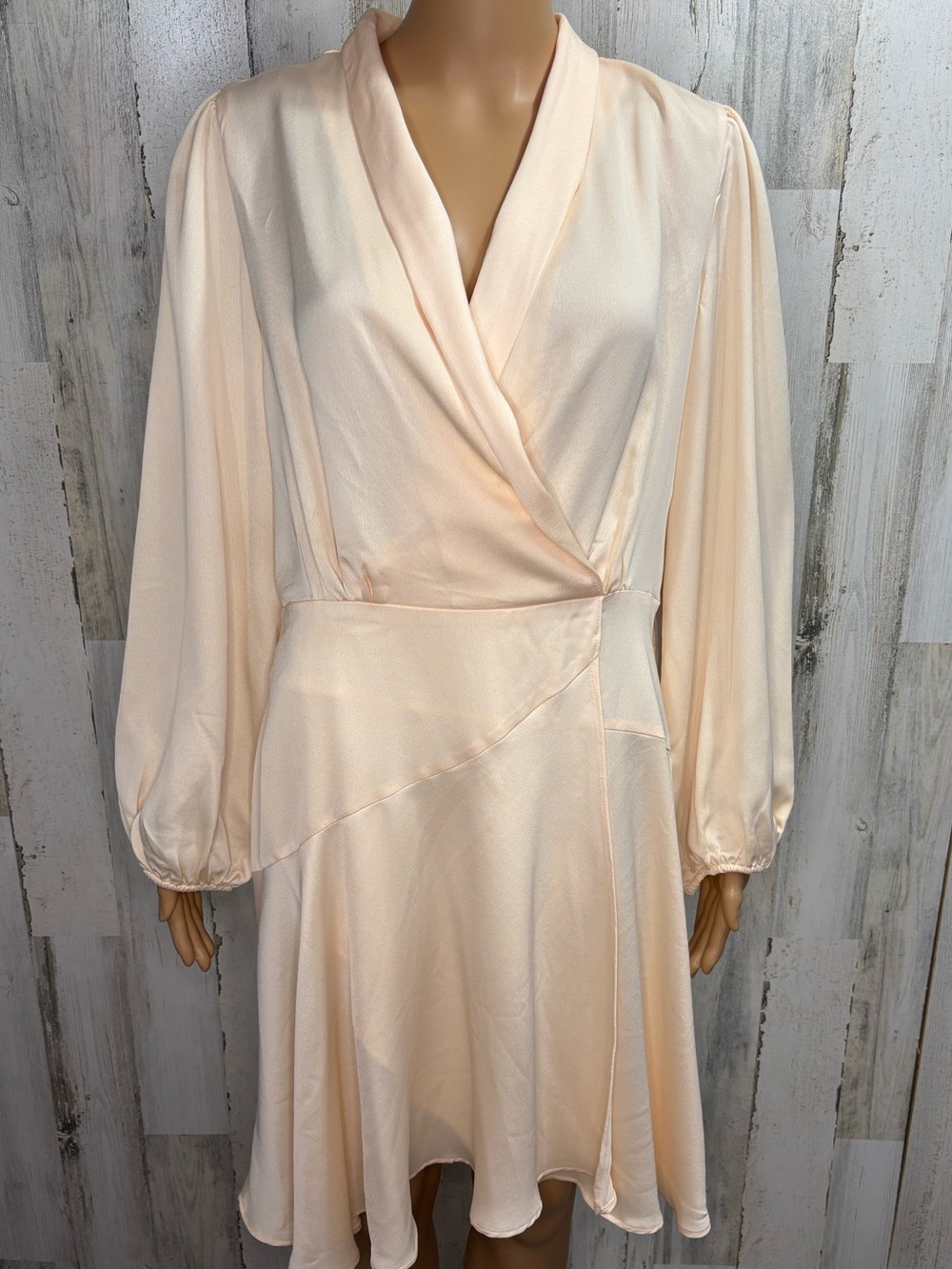 Melonie T Peach Satin Mock Wrap Long Sleeve Dress